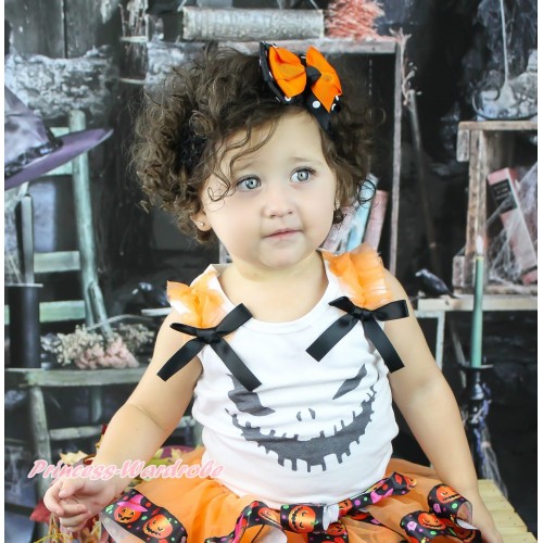 Halloween White Tank Top Orange Ruffles Black Bow & Ghost Face Print TB1275